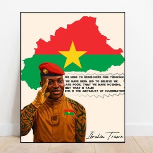 Impression sur toile Ibrahim Traoré, impression sur toile, carte du pays du Burkina Faso, impression d'art Ibrahim Traoré, portrait panafricain moderne, cadeau burkinabé, décoration africaine