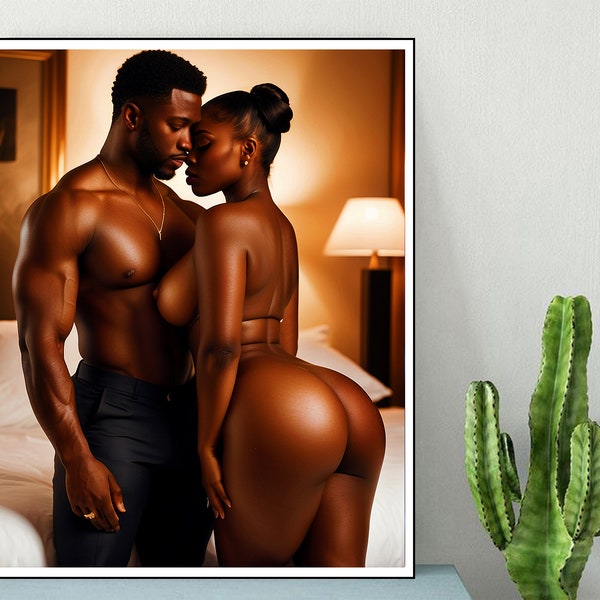 Erotic Black Couple art Digital Print Black Nude Woman and man Black Love Wall Art Valentines gifts for her Sexy Black man Naked Couple art