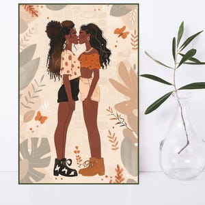 Tarjeta de San Valentín lésbica imprimible. Arte de pareja de lesbianas negras. Arte mural de mujeres negras. Impresión artística LGBT. Tarjeta de novias negras. Impresión artística de lesbianas afroamericanas.
