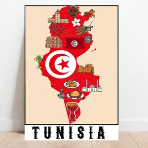 Tunesien Flagge Karte Druck illustrierte Karte von Tunesien Druckbare Karte tunesische Geschenke Dekor Afrika Karte Wand Drucke individuelle Karte Geschenk digitaler Download