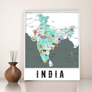 Carte illustrée de l'Inde imprimée Carte numérique de l'Inde imprimable Carte de l'Inde bleue, Carte de la chambre des enfants, Décoration de la chambre d'enfant, Cadeaux indiens pour la salle de classe