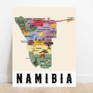 geïllustreerde kaart van Namibië afdrukbare digitale kaart van Namibië afdrukbare muurkaart kinderkamer decor Namibië klaslokaal kaart kwekerij print Namibische geschenken