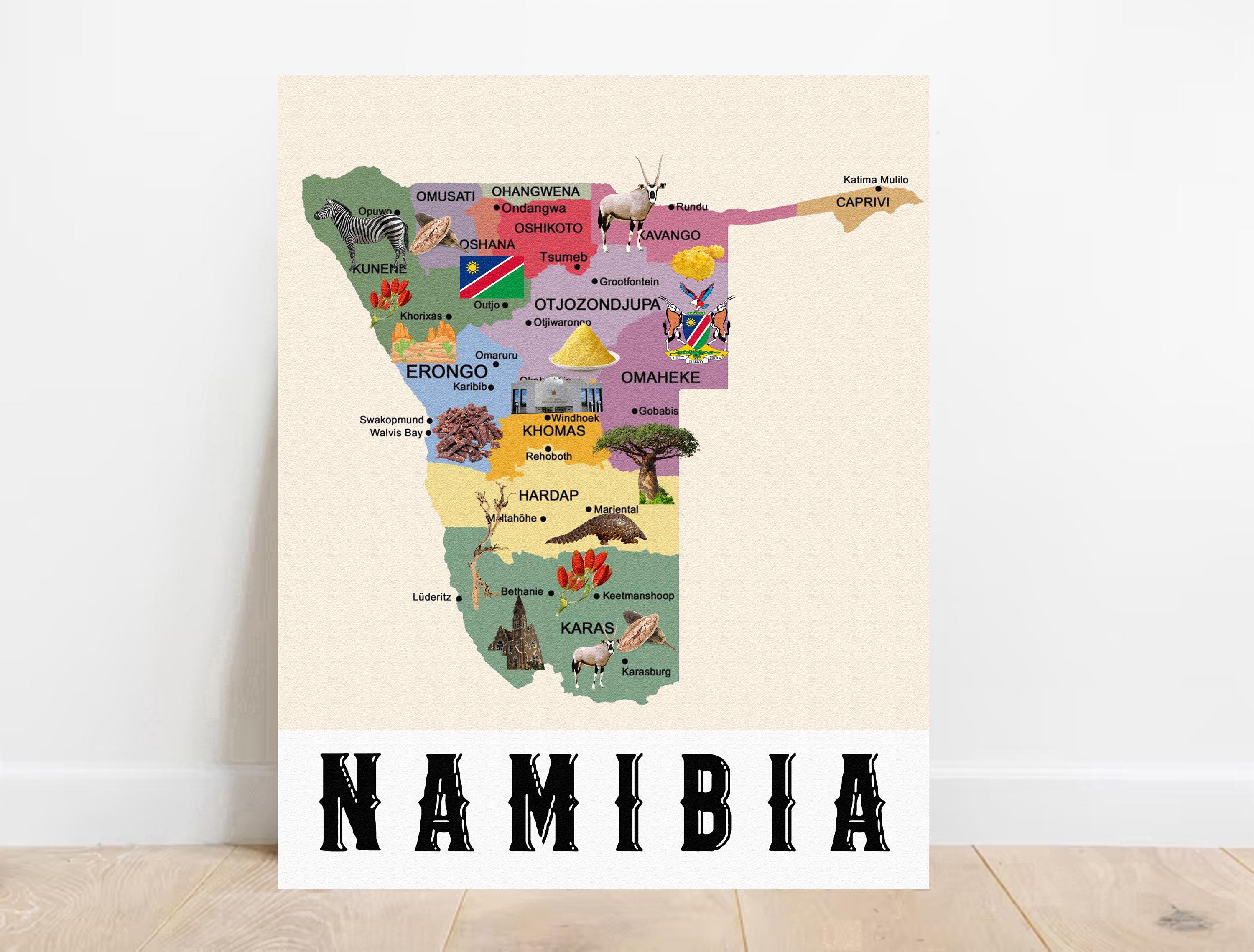 illustrated Namibia map print Digital map of Namibia printable wall map Kids room decor Namibia Classroom map Nursery print Namibian gifts
