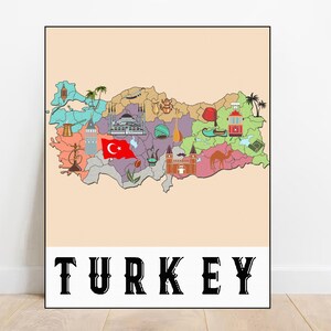 Geïllustreerde kaart van Turkije afdrukken Afdrukbare kaart van Turkije Home decor Türkiye Klaslokaal kaarten kinderkamer print kinderkamer decor moderne kaart muur wordt afgedrukt
