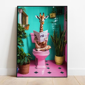 Impresión de jirafa para el baño Jirafa en el inodoro Decoración divertida para el baño Imprimible Descarga digital Lindo póster de jirafa Humor para el baño Arte para el baño rosa
