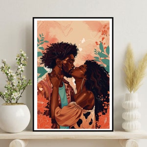 Black love art printable Black man & Woman  boho decor African American couple kissing Black love wall art Anniversary gift Black couple art