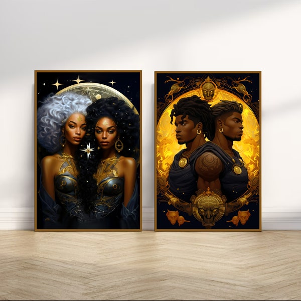 Set of 2 Gemini Zodiac Digital print African American Zodiac Gemini Astrology Art Print Male Zodiac Female Zodiac Twins Gemini birthday gift