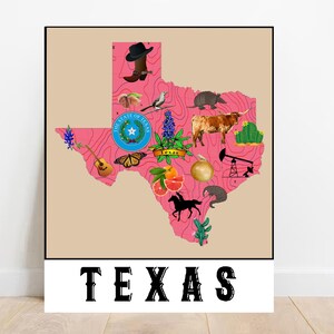 Roze Texas kaart afdrukken geïllustreerde Texas kaart afdrukbare download kaart van de VS nieuw appartement cadeau Texas home decor Amerikaanse staten kaart kunst Texas kaart geschenken