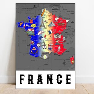France illustrated map print France flag map poster Printable Map of France gifts Downloadable map French map Nursery prints kids room decor