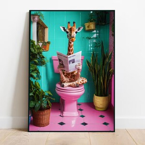Póster de jirafa para el baño Jirafa en el inodoro Impresión en lienzo divertida para la decoración del baño Póster de jirafa linda Impresión de pared con humor sobre el baño Póster de baño rosa
