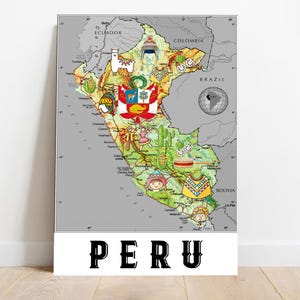 Mapa do Peru para impressão Mapa digital do Peru Arte para impressão Mapa do Peru presentes Mapa moderno Decoração de parede de escritório Ícones da bandeira do Peru pôster de mapa presentes de inauguração de casa