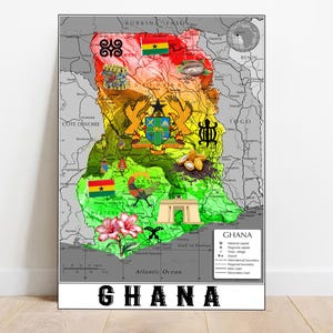 Mapa de Ghana Impresión en lienzo Póster de Ghana Impresión de mapa de Ghana Mapa de África Occidental Regalo de Ghana Decoración del hogar Arte mural de África Mapa de la bandera de Ghana Regalos de Accra