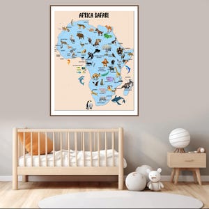 Africa Safari map Printable nursery Blue Africa map Africa wildlife map poster Kids room decor Africa animals print Classroom nursery decor