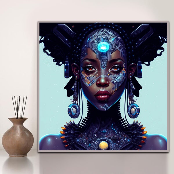 Afrofuturismus Frau Kunst, Afrozentrisches Steampunk Mädchen, Modernes Schwarzes Mädchen Druck, SOFORT DOWNLOAD, Futuristische moderne Frau Wandkunst