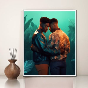 Black Gay Art Printable download Black men embracing Gay Couple art Black Queer Art LGBT print Colorful gay pride art Black men botanical