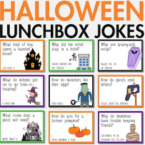 Plus de 30 blagues d'Halloween sur la boîte à lunch pour enfants, cartes imprimables sur la boîte à lunch, notes sur la boîte à lunch d'Halloween, devinettes et jeux de mots effrayants, blagues d'Halloween PDF