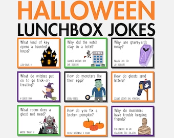 Plus de 30 blagues d'Halloween sur la boîte à lunch pour enfants, cartes imprimables sur la boîte à lunch, notes sur la boîte à lunch d'Halloween, devinettes et jeux de mots effrayants, blagues d'Halloween PDF