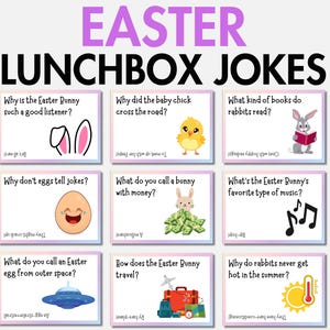 Plus de 30 blagues sur la boîte à lunch de Pâques pour enfants, cartes non confessionnelles sur la boîte à lunch, notes imprimables sur la boîte à lunch de Pâques au format PDF, blagues de Pâques, devinettes et jeux de mots