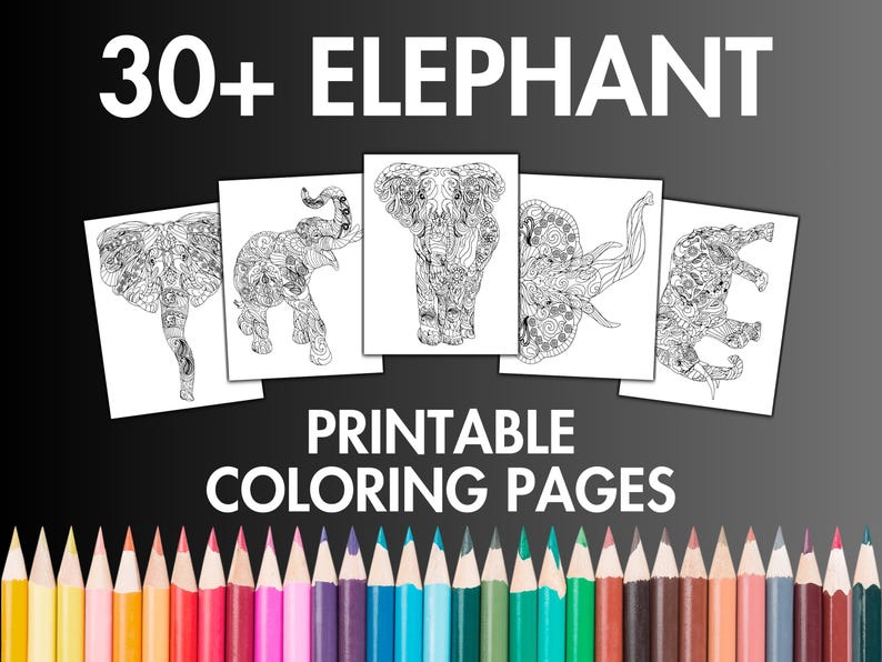 May include: A set of 30+ printable coloring pages featuring intricate line drawings of elephants. The pages are perfect for adults and children who enjoy coloring and relaxing.
