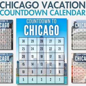 Calendario del conto alla rovescia per le vacanze a Chicago, 30/10/90 giorni fino alle vacanze, conto alla rovescia per il viaggio a Chicago, Illinois, PDF stampabile per la pianificazione del viaggio a Chicago