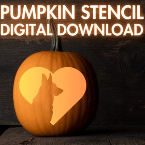 May include: A pumpkin stencil featuring a heart with a dog silhouette inside. The stencil is for a digital download. "Pumpkin Stencil Digital Download" is written in white text on a dark wood background.