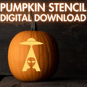 May include: A digital download pumpkin stencil featuring an alien in a UFO. The stencil is designed to be used for carving pumpkins.