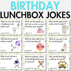 Plus de 30 blagues sur la boîte à lunch d'anniversaire pour enfants, cartes de boîte à lunch avec compte à rebours d'anniversaire, notes à imprimer sur la boîte à lunch d'anniversaire, blagues et énigmes sur le mois de naissance