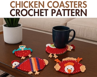 Padrão de crochê para porta-copos de galinha em estilo fazenda | Crie um conjunto de 4 porta-copos de galinha em crochê | Decoração de galinha | Padrão de tapete para caneca em crochê em PDF