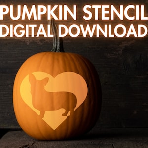 May include: A pumpkin stencil featuring a silhouette of a dog inside a heart. The stencil is for a digital download. The text "PUMPKIN STENCIL DIGITAL DOWNLOAD" is displayed above the pumpkin.