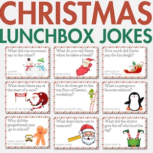 Plus de 50 blagues de Noël sur la boîte à lunch pour enfants, cartes imprimables pour les fêtes de fin d'année, notes sur la boîte à lunch d'hiver, devinettes et jeux de mots de Noël, blagues de Noël PDF