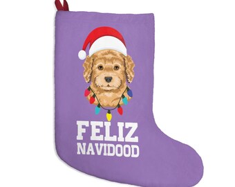 Feliz Navidood Doodle Christmas Stocking | Goldendoodle Christmas Stocking | Labradoodle Holiday Decor | Dog Xmas Present (Purple)