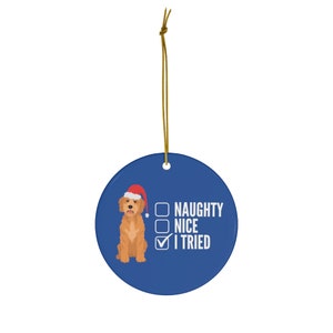 Dog Christmas Ornament "Naughty or Nice List" | Puppy Holiday Decoration | Dog Mom Xmas Gift | Goldendoodle, Labradoodle, etc. | Dark Blue