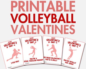 May include: Four printable Valentine's Day cards featuring volleyball players with puns. The cards are white with red text and red silhouettes of volleyball players. The text on the cards reads: "Happy Valentine's Day", "I Dig You!", "You're a Spike-tacular Friend!", "Hope Your Valentine's Day is a Ball!", and "You're Totally Ace-Some!"