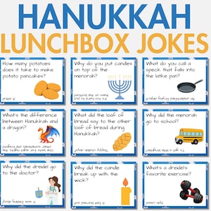 Plus de 20 blagues sur la boîte à lunch de Hanoucca pour enfants, cartes imprimables sur la boîte à lunch de Hanoucca, notes sur la boîte à lunch de la fête juive au format PDF, blagues sur Hanoucca, devinettes et jeux de mots