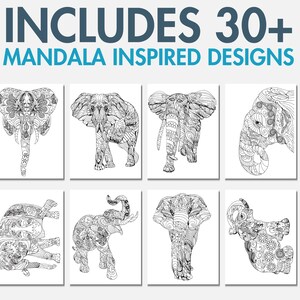 May include: A set of eight black and white coloring pages featuring intricate mandala-inspired designs of elephants.  Includes 30+ Mandala Inspired Designs.