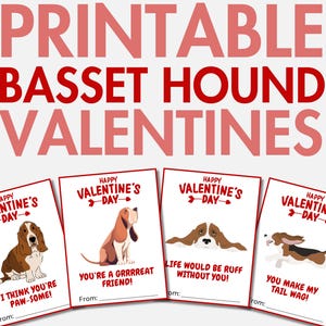 Druckbare Basset Hound Valentinstage | Basset Hound Valentinstag Karten für Mädchen & Jungen | Hund Valentinstag | Valentinstag Karte