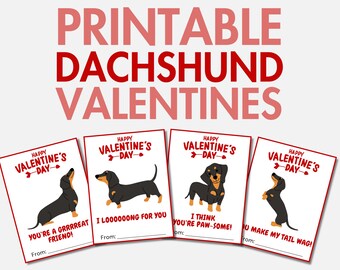 Druckbare Dackel Valentinstag | Dackel Valentinstag Karten für Kinder & Erwachsene | Dackel Hund Valentinstag | Valentinstag Karte für Schulklassenzimmer