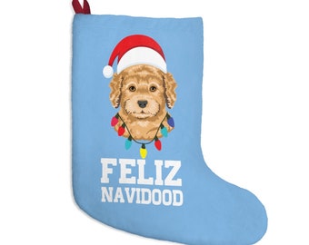 Feliz Navidood Doodle Christmas Stocking | Goldendoodle Christmas Stocking | Labradoodle Holiday Decor | Dog Xmas Present (Light Blue)