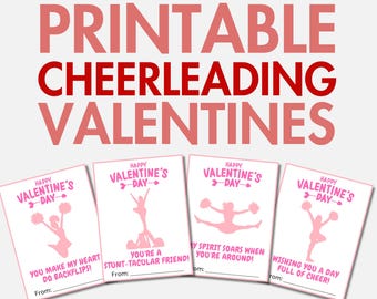 Printable Cheerleading Valentines | Cheer Valentine Cards | Cheerleader Valentines for Girls | School Classroom Valentine’s Day Cards