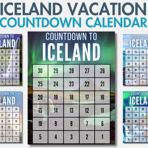 Calendario del conto alla rovescia per le vacanze in Islanda, 30/10/90 giorni fino alle vacanze, conto alla rovescia per il viaggio in Islanda, PDF stampabile per la pianificazione del viaggio in Islanda