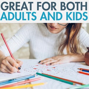 May include: A person is coloring a mandala design with colored pencils. There are many colored pencils on the table, and a jar of pencils is in the background. The text "GREAT FOR BOTH ADULTS AND KIDS" is at the top of the image.
