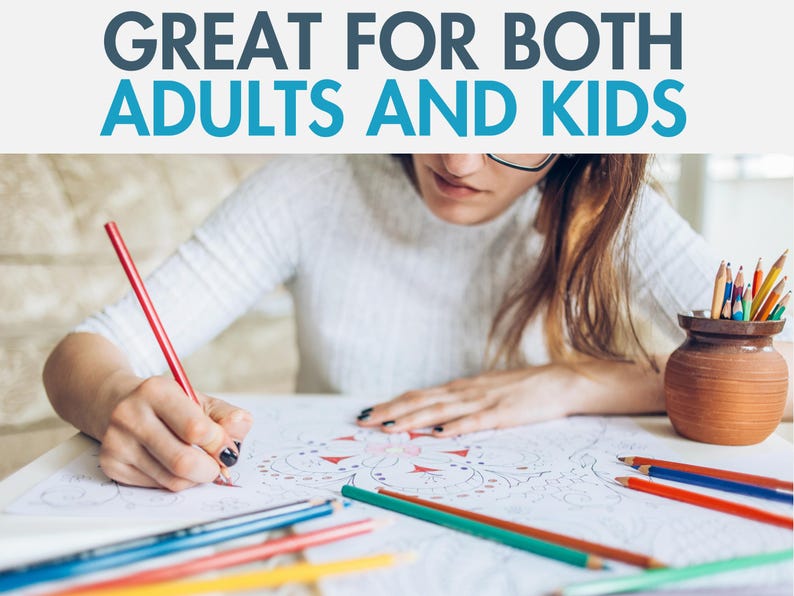 May include: A person is coloring a mandala design with colored pencils. There are many colored pencils on the table, and a jar of pencils is in the background. The text "GREAT FOR BOTH ADULTS AND KIDS" is at the top of the image.
