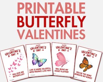 Druckbare Schmetterling Valentines | Schmetterlings-Valentinstagskarten für Mädchen | Klassenzimmer-Valentinsgrüße für Kinder | Valentinstagskarten für die Schule