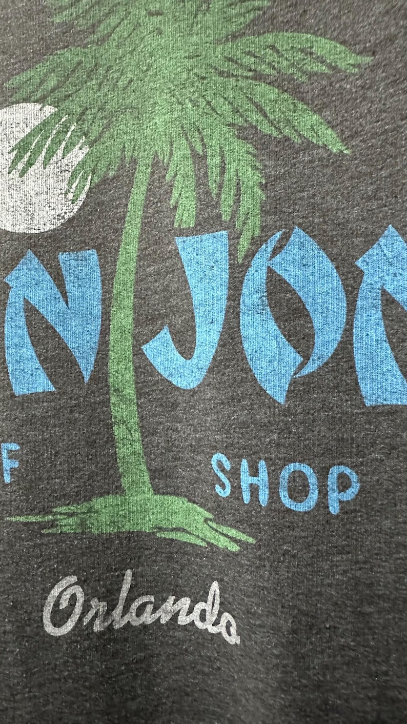May include: Dark grey t-shirt featuring a green palm tree and a white moon graphic. The text "NJOR" in blue, and "SHOP" in blue, with "Orlando" in white, is also printed on the shirt.