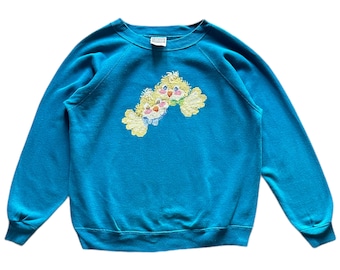 Vintage 90s Art Animal bordado Hanes etiqueta sudadera de cuello redondo tamaño L (M-L)