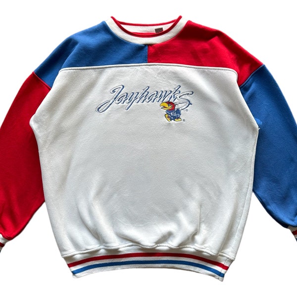 Vintage 90s NCAA sportswear Jayhawks University of Kansas embroidery spellout multicolour crewneck sweatshirt L size