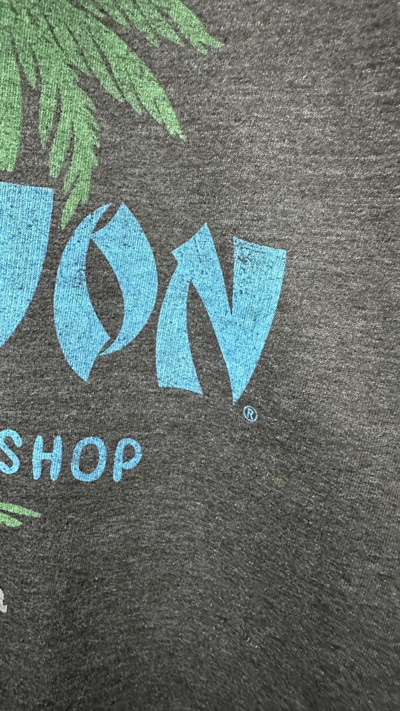 May include: Close-up of a dark grey t-shirt with a teal and green graphic. The graphic includes the word "JON" in teal, a palm tree design, and the word "SHOP" in white. The shirt has a textured appearance.