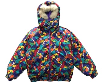 Vintage REVERSIBLE Goose Down Puffer Jacket Fullprint Multicolour New New Essess Fashion L size