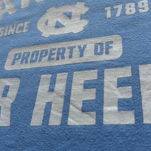 Peut inclure: Un t-shirt bleu clair avec du texte blanc qui dit "CAROLINA SINCE 1789 PROPERTY OF THE HEEL". Le t-shirt pr&eacute;sente un contour blanc du logo des Tar Heels de l'Universit&eacute; de Caroline du Nord.