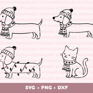 Könnte beinhalten: Schwarz-Weiß-Illustrationen von Dackeln und einer Katze mit Wintermützen und Schals. Ein Dackel ist mit Lichterketten geschmückt. Der untere Teil des Bildes enthält den Text "SVG • PNG • DXF".